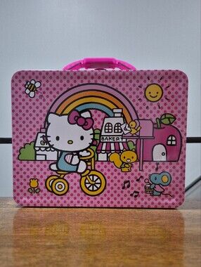 🎀Hello Kitty Pink Rainbow/Polka Dots Bakery Tin Lunch Box with Handle 🎀 NEW